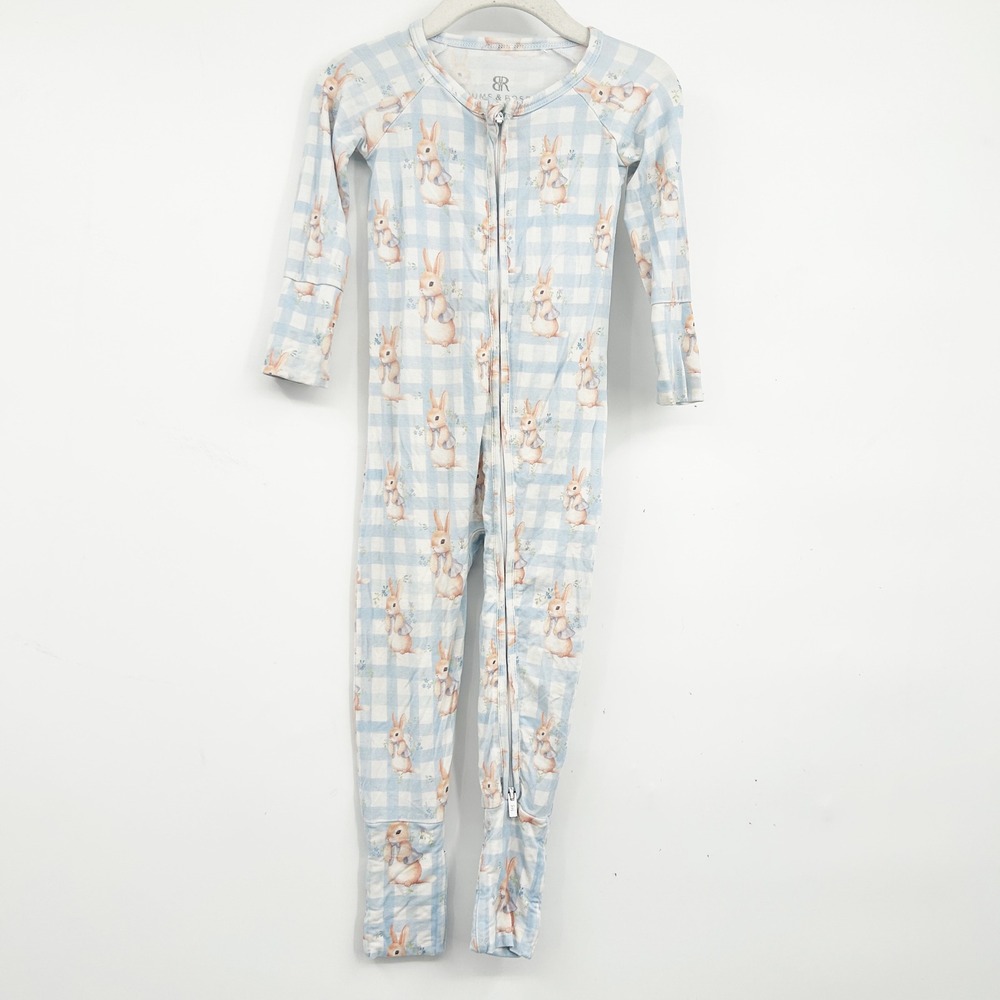 Bums & Roses Babys Blue Gingham Cottontail Cutie Bamboo Zippy Romper Size 18-24M